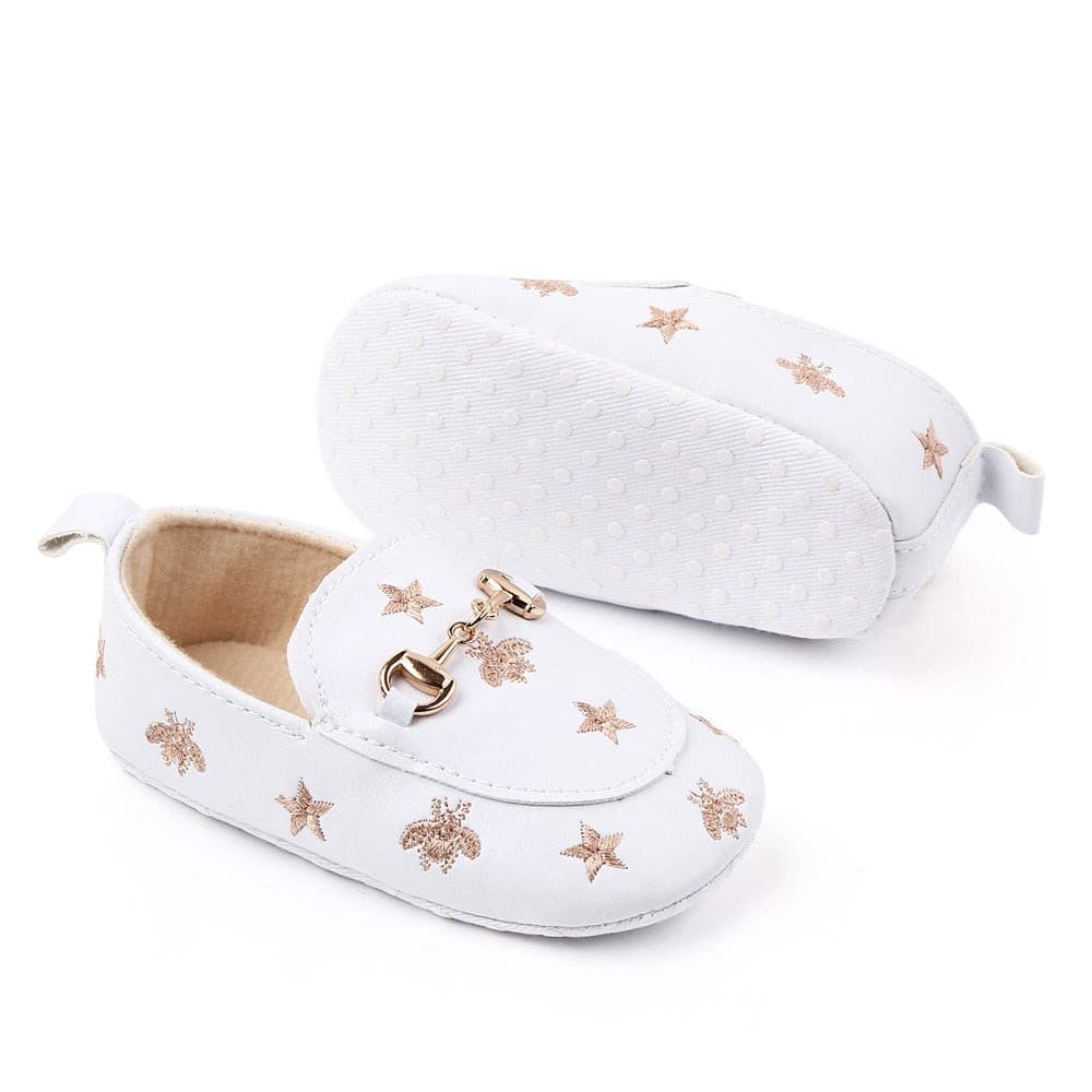 Grandi - Baby Loafers with Stars & Bee Embroidered and Gold Horsebit Buckle.