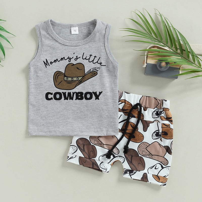 Mamas Little Cowboy - Cowboy Hat , Sleeveless Tank Top+ Shorts Casual Sets.