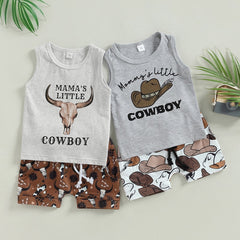 Mamas Little Cowboy - Cowboy Hat , Sleeveless Tank Top+ Shorts Casual Sets.