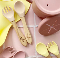 Personalised Baby Silicone Feeding Set, Personalised Spoon and Fork Se-Our made to order personalised baby feeding set, with spoon and fork sets are perfect gifts for little babies and toddlers and ideal for teaching them how to eat on -Bijou Bubs