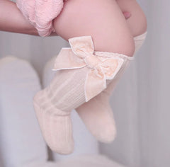 Valentina - Velvet Bow Baby Socks - Oatmeal Beige.