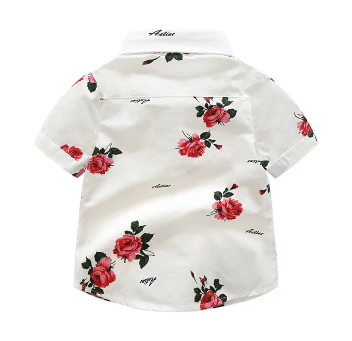 Boys Floral Rose Button Shirt & Red Shorts Set.