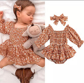 Sadie - Ruched Floral Long Sleeve Boho Romper.