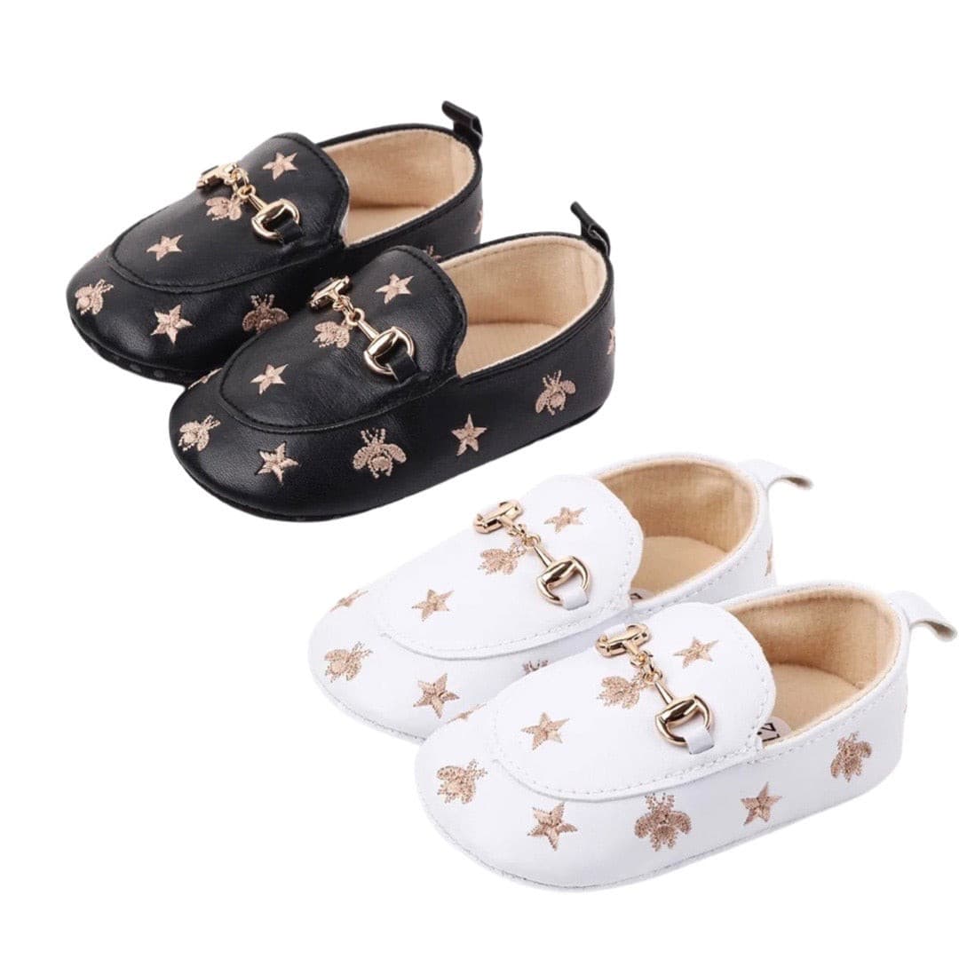 Grandi - Baby Loafers with Stars & Bee Embroidered and Gold Horsebit Buckle.