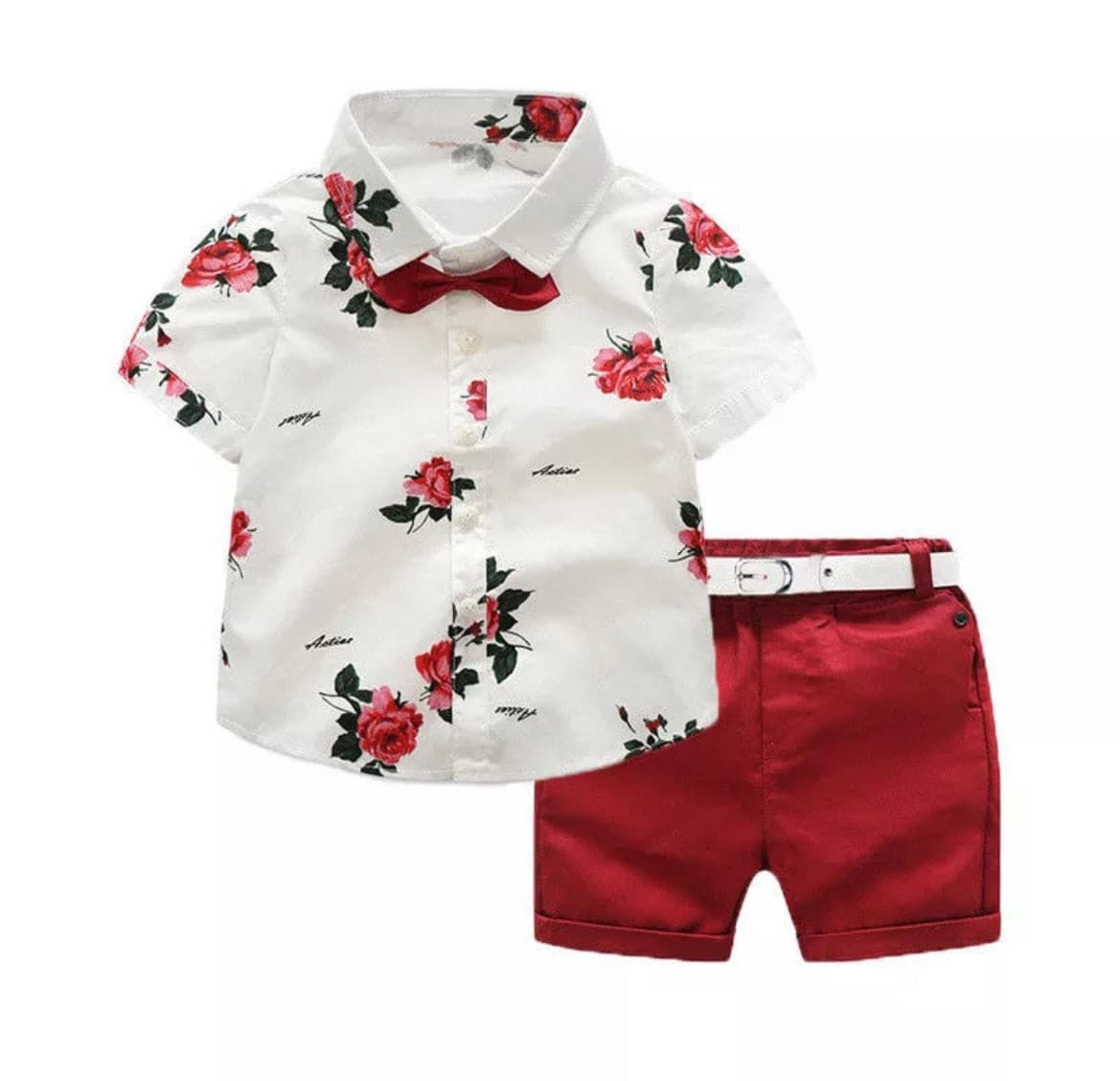 Boys Floral Rose Button Shirt & Red Shorts Set.