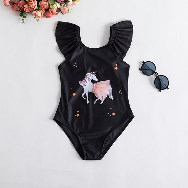Black Unicorn Baby Girls Fancy One-piece Swimsuit 1-5Yrs