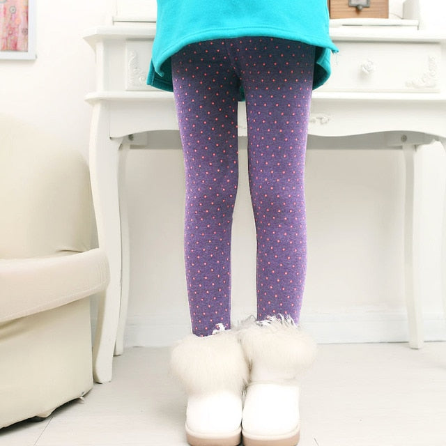 Girls Thermal Leggings - Fleece Lined, Purple Dot