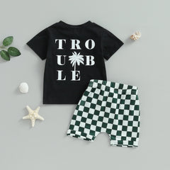 Toddler Kids Boys Clothes Sets 2pcs Short Sleeve Skull Print T-shirt with Plaid Shorts