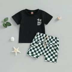 Toddler Kids Boys Clothes Sets 2pcs Short Sleeve Skull Print T-shirt with Plaid Shorts