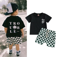 Toddler Kids Boys Clothes Sets 2pcs Short Sleeve Skull Print T-shirt with Plaid Shorts