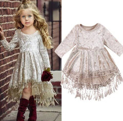 Girls Boho Crushed Velvet Tassel Dress , Toddler Flower Girl Dress Velvet