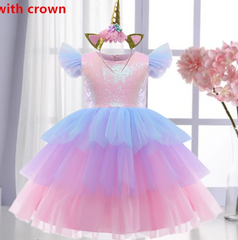 Mitsy - Girls Rainbow Unicorn Princess Dress - Pastel Rainbow  Dress