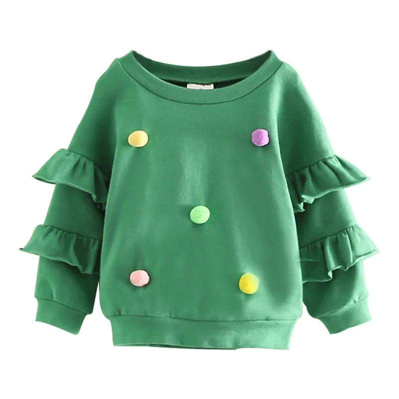 Green Girls Pom Pom Jumper with Ruffle Sleeves for Ages 2-10 Years