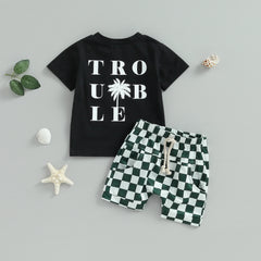 Toddler Kids Boys Clothes Sets 2pcs Short Sleeve Skull Print T-shirt with Plaid Shorts