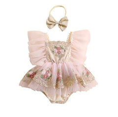 Elyssa - Baby Girl Princess Romper with Embroidery Flowers
