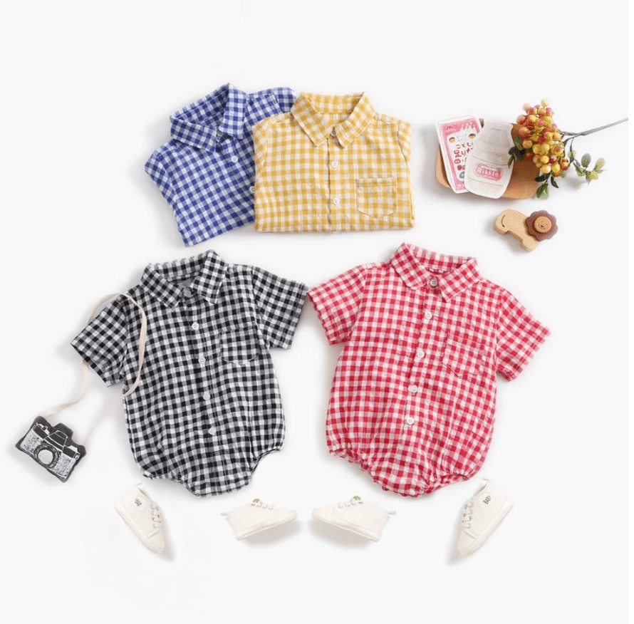 Marcus - Baby Boys Plaid Cotton Shirt Romper in Red & White Checks.