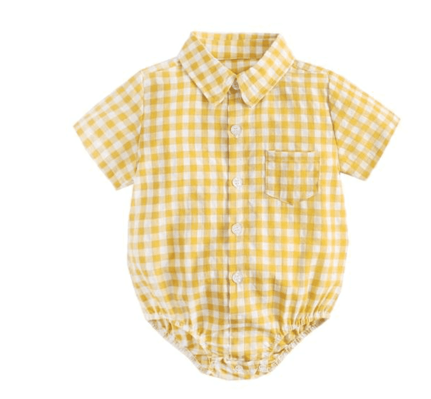 Marcus - Baby Boys Plaid Cotton Shirt Romper in Yellow & White Checks.