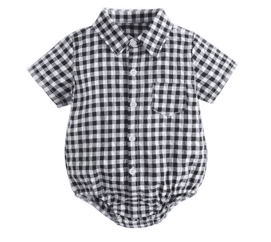Marcus - Baby Boys Plaid Cotton Shirt Romper in Black & White Checks.