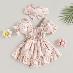 Baby Girl Boho Floral Print Ruffle & Headband Outfits, Color - Pink