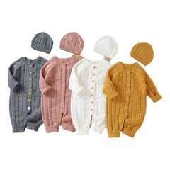 Newborn Baby Knit Romper Newborn Long Sleeve Jumpsuit + Hat - Gray