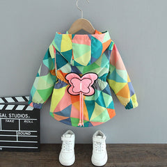 Girls Bright Multi-Colour Rain Jacket with Butterfly Detail, Color - Green