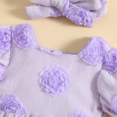 Rosebud - Baby Girls Romper 3D Flower Short Sleeve Square Neck