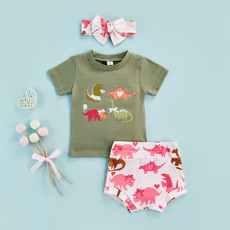 Dinosaur Print 3pcs Baby Girls Clothes Sets 0-24M