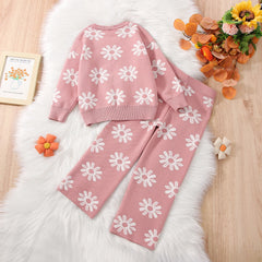 Sunflowers Knitted Girls Clothes Set - Sweater Tops+Wide Leg Pants