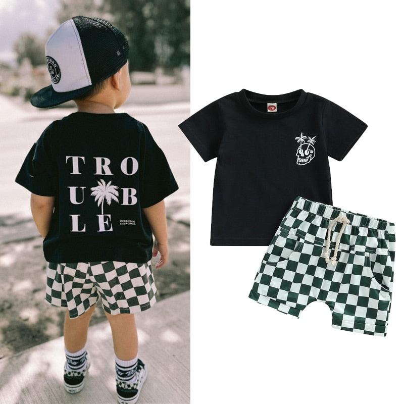 Toddler Kids Boys Clothes Sets 2pcs - Skull Print T-shirt with Plaid Shorts