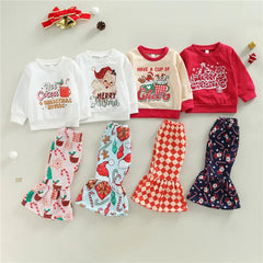 Girls Christmas Clothing Set - Long Sleeve Letter Print Sweatshirt + Flare Pants 