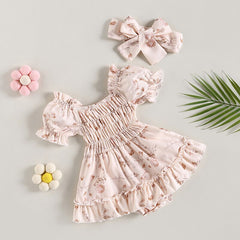 Baby Girl Boho Floral Print Ruffle & Headband Outfits, Color - Pink
