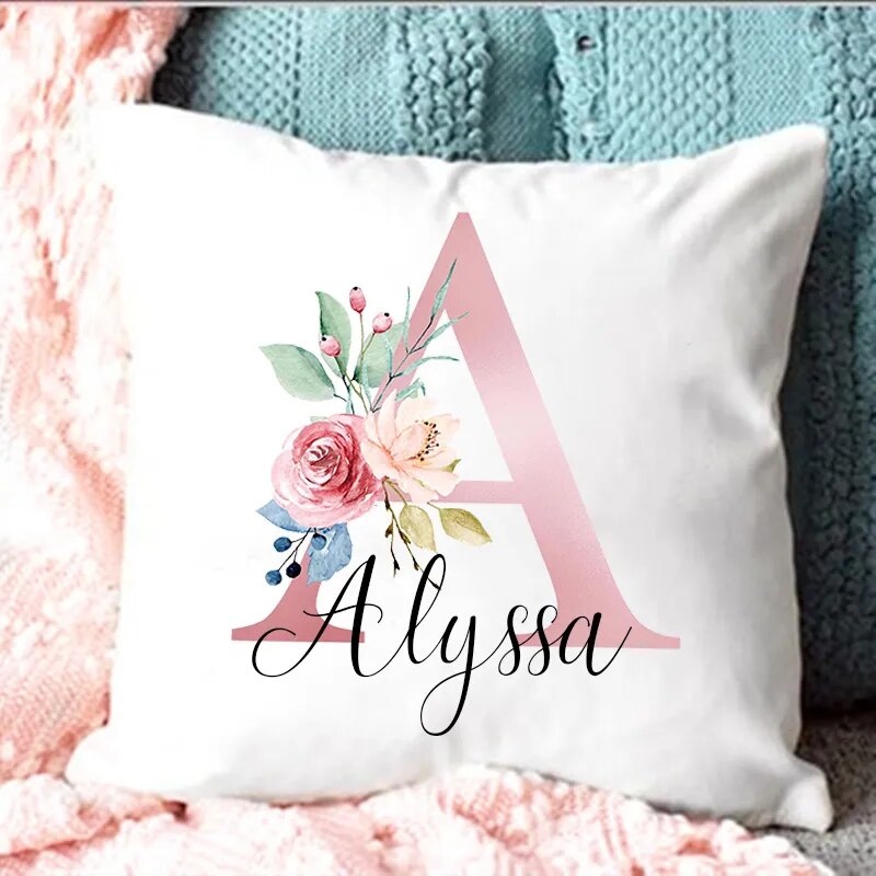 Personalised Pillow Cases Custom Initial Flower with Name Cushion Cover 