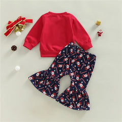 Girls Christmas Clothing Set - Long Sleeve Letter Print Sweatshirt + Flare Pants