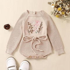 Baby Girls Romper Knit with Flower Embroidery, Long Sleeve