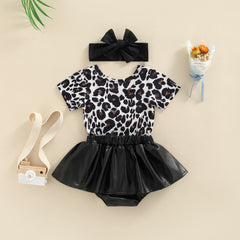 Short Sleeve Leopard Printed Romper& Leather Skirt Set.