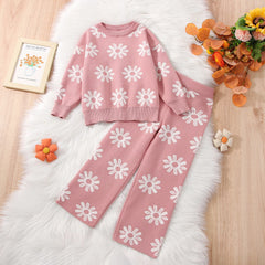 Sunflowers Knitted Girls Clothes Set - Sweater Tops+Wide Leg Pants