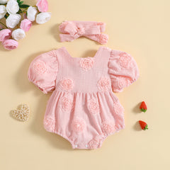 Rosebud - Baby Girls Romper 3D Flower Short Sleeve Square Neck