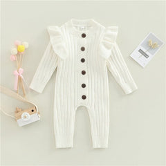 Mandi - Baby Girls Romper Cotton Knit Long Sleeve Ruffle Jumpsuit - Coffee.