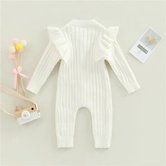 Mandi - Baby Girls Romper Cotton Knit Long Sleeve Ruffle Jumpsuit - Coffee.