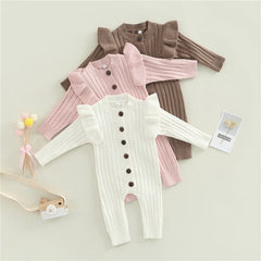 Mandi - Baby Girls Romper Cotton Knit Long Sleeve Ruffle Jumpsuit - Coffee.