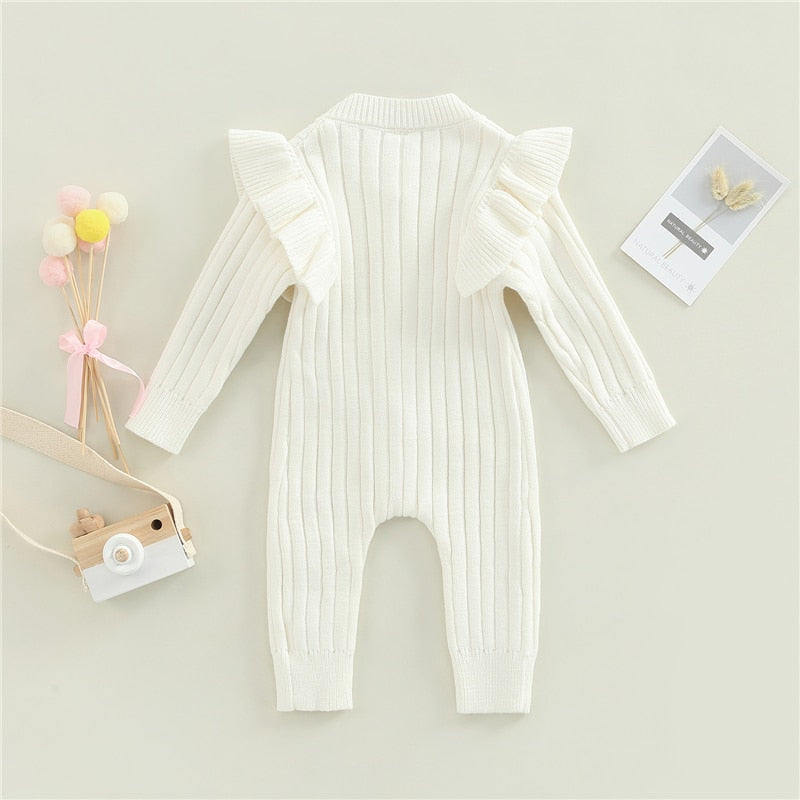 Mandi - Baby Girls Romper Cotton Knit Long Sleeve Ruffle Jumpsuit , Color - White.