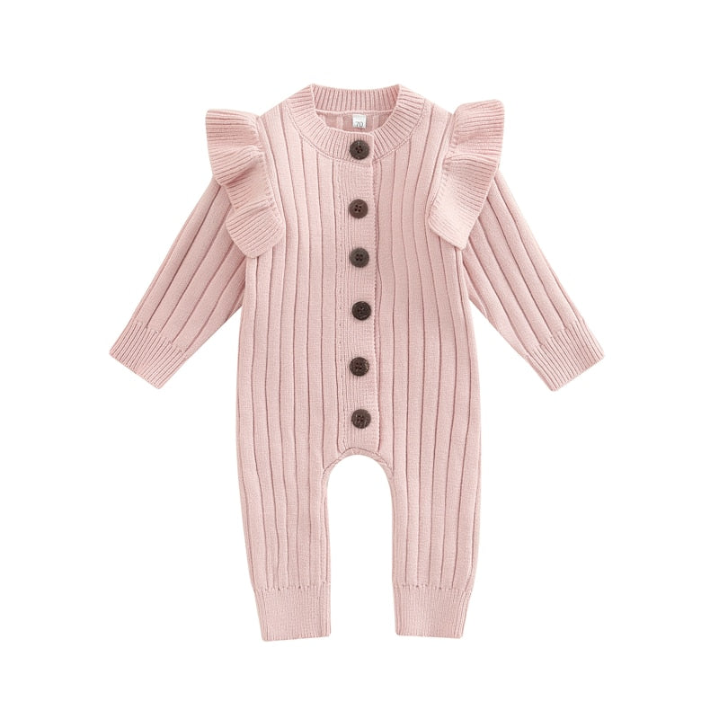 Mandi - Baby Girls Romper Cotton Knit Long Sleeve Ruffle Jumpsuit , Color - White.