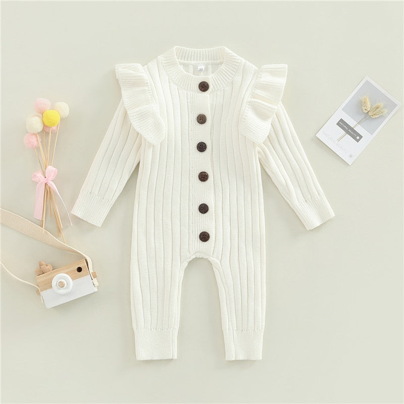 Mandi - Baby Girls Romper Cotton Knit Long Sleeve Ruffle Jumpsuit , Color - White.