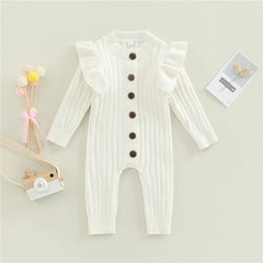 Mandi - Baby Girls Romper Cotton Knit Long Sleeve Ruffle Jumpsuit , Color - White.