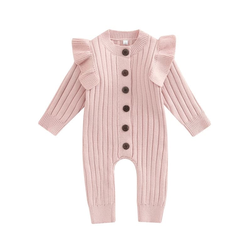 Mandi - Baby Girls Romper Cotton Knit Long Sleeve Ruffle Jumpsuit - Coffee.