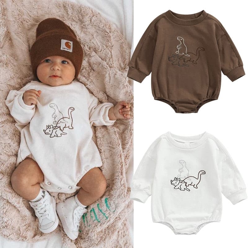 Dino Embroidered - Cotton Long Sleeve  Dinosaur Embroidery Sweater Romper.