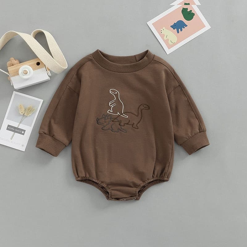 Dino Embroidered - Cotton Long Sleeve  Dinosaur Embroidery Sweater Romper.