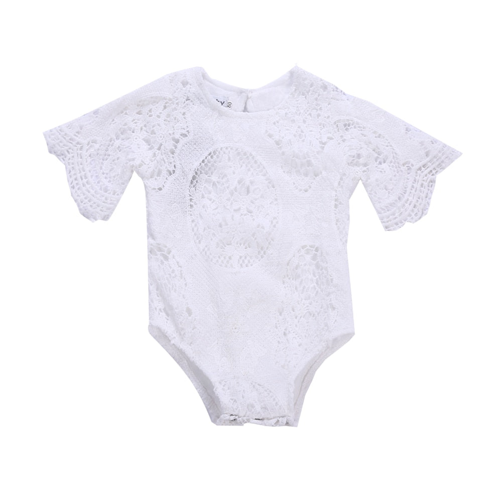 Lacey - Girls White Crochet Lace Bodysuit Romper.