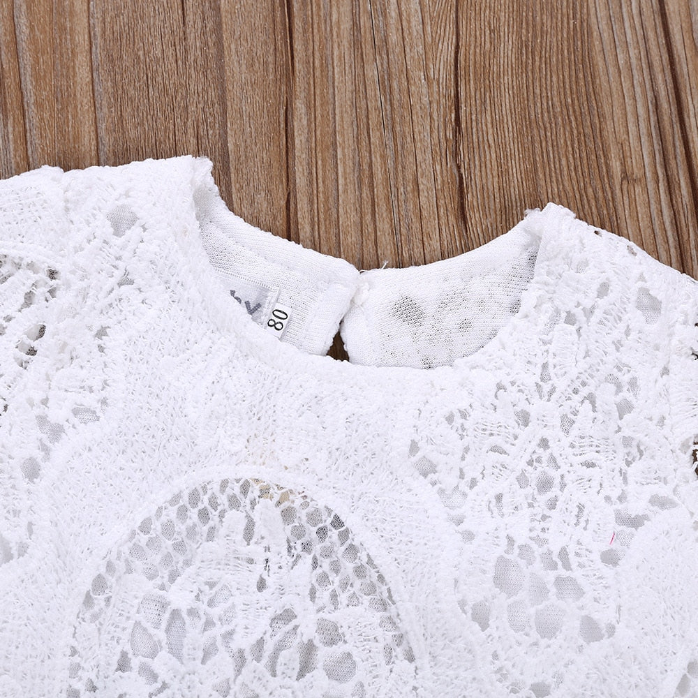 Lacey - Girls White Crochet Lace Bodysuit Romper.