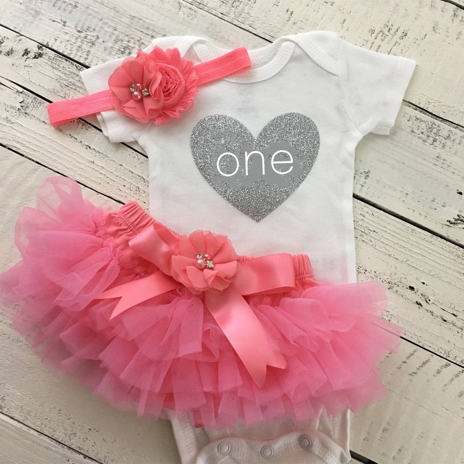 Baby Girls  First 1st Birthday Party Outfit  - Coral.